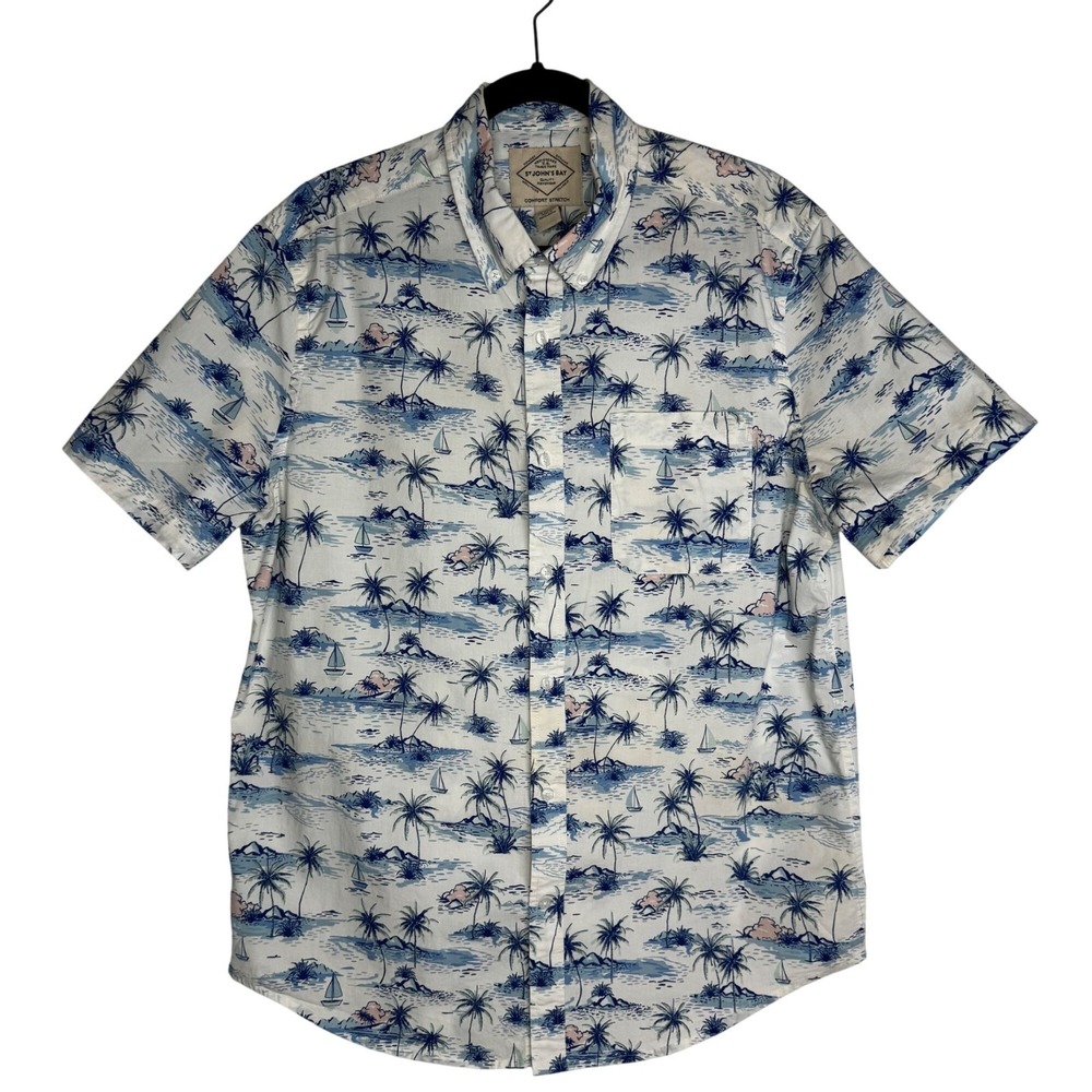 St. Johns Bay Comfort Stretch SzL Blue Hawaiian Beach Cotton Short Sleeve‎ Shirt